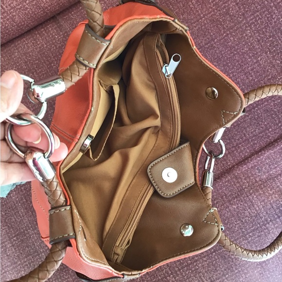 Coral orange brown Handbag purse braided handles 14” x 18” including handles EUC - Picture 3 of 15